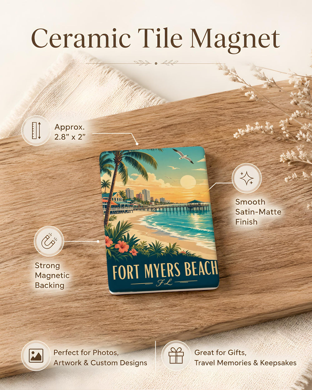 Fort Myers Beach FL Fridge Magnet, Florida Beach Souvenir Magnet, Coastal Vacation Travel Gift, Beach Lover Keepsake Magnet