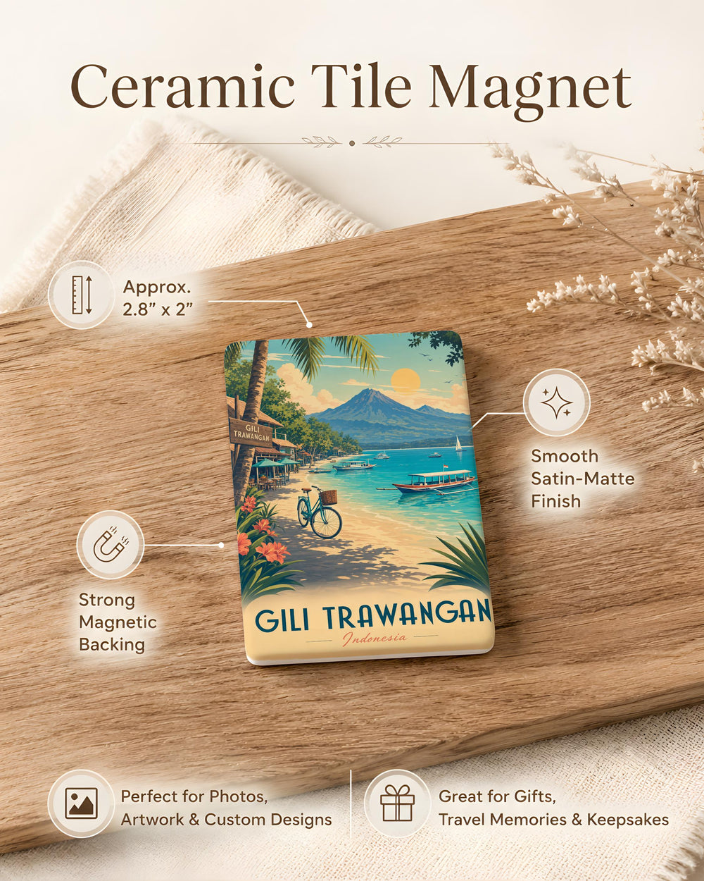 Gili Trawangan Fridge Magnet, Indonesia Island Travel Souvenir, Lombok Beach Vacation Keepsake, Tropical Island Destination Magnet