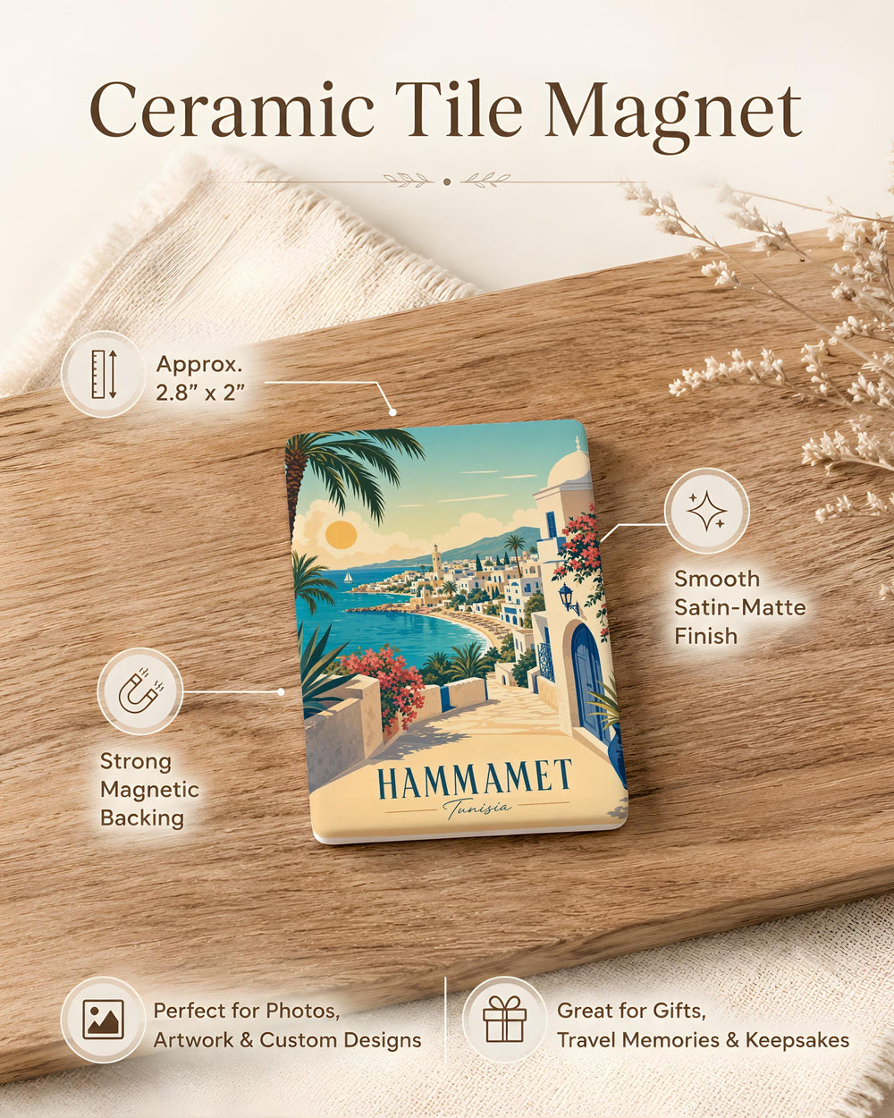 Hammamet Tunisia Fridge Magnet, Hammamet Souvenir Magnet, Tunisia Travel Gift, Coastal City Keepsake Magnet