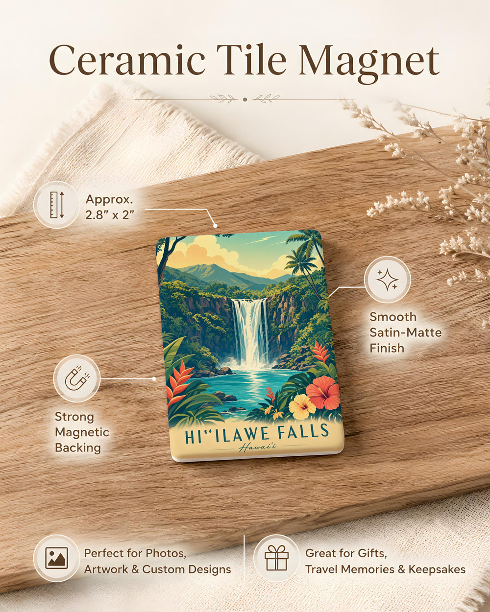 Hiilawe Falls Fridge Magnet, Hawaii Waterfall Souvenir, Big Island Nature Travel Gift, Scenic Falls Kitchen Magnet