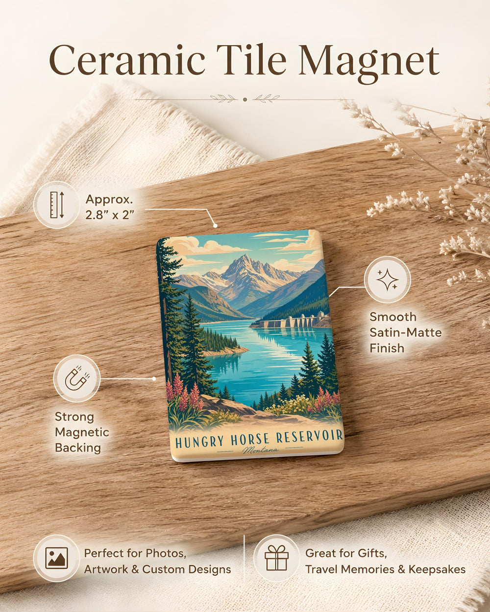 Hungry Horse Reservoir Fridge Magnet, Montana Lake and Mountains Souvenir Magnet, Outdoor Travel Keepsake Magnet