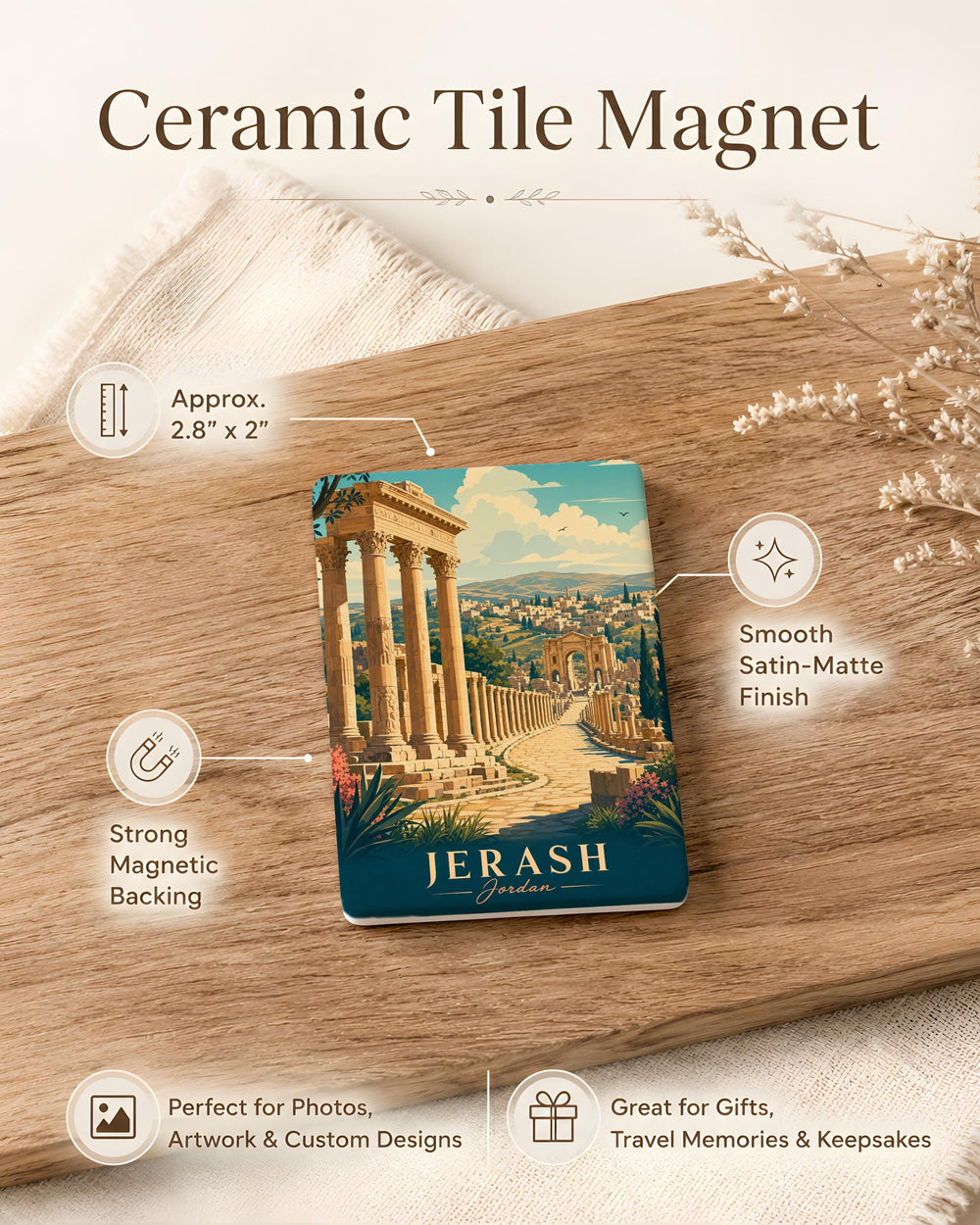 Jerash Jordan Fridge Magnet, Ancient Roman Ruins Souvenir, Hadrian’s Arch & Oval Plaza Travel Keepsake Magnet