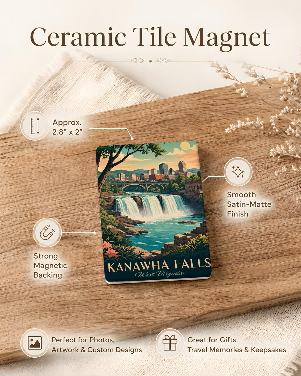 Kanawha Falls Fridge Magnet, West Virginia Waterfall Souvenir, Kanawha River Scenic Travel Keepsake Magnet