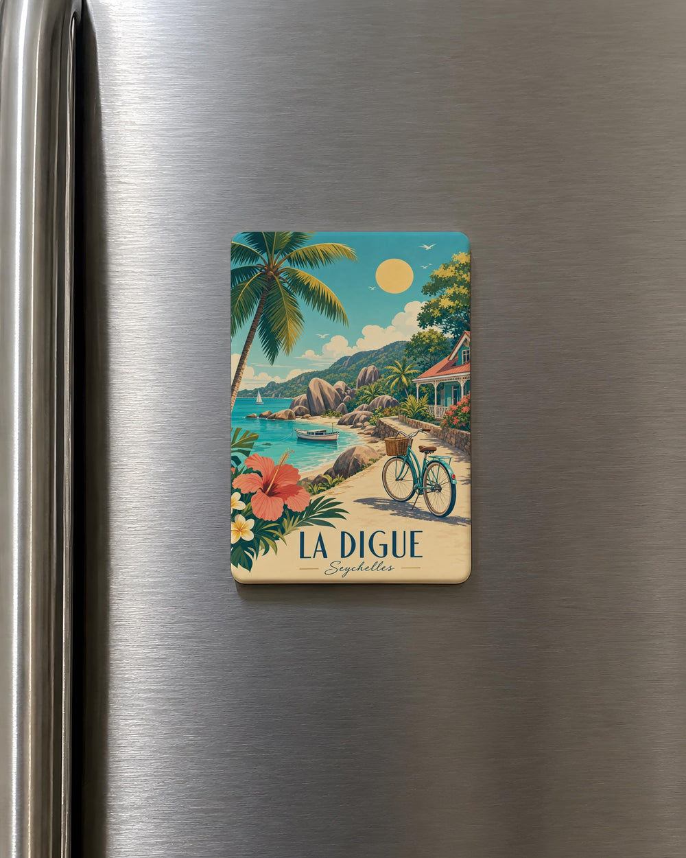 La Digue Seychelles Fridge Magnet, Tropical Island Souvenir, Anse Source d’Argent Beach, Granite Boulders, Palm Trees, Travel Gift