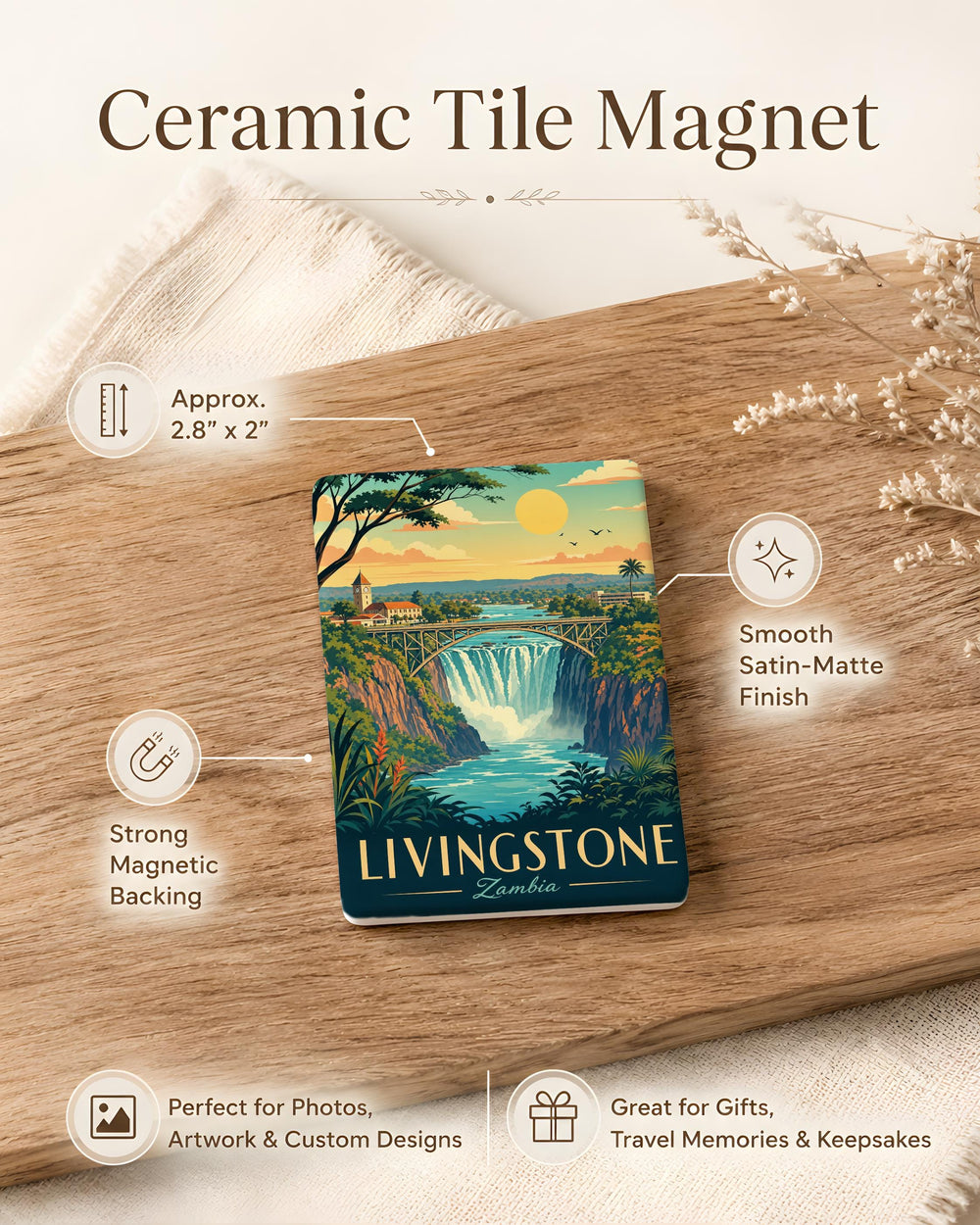 Livingstone Zambia Fridge Magnet, Victoria Falls Travel Souvenir Magnet, Zambia Landmark Refrigerator Magnet