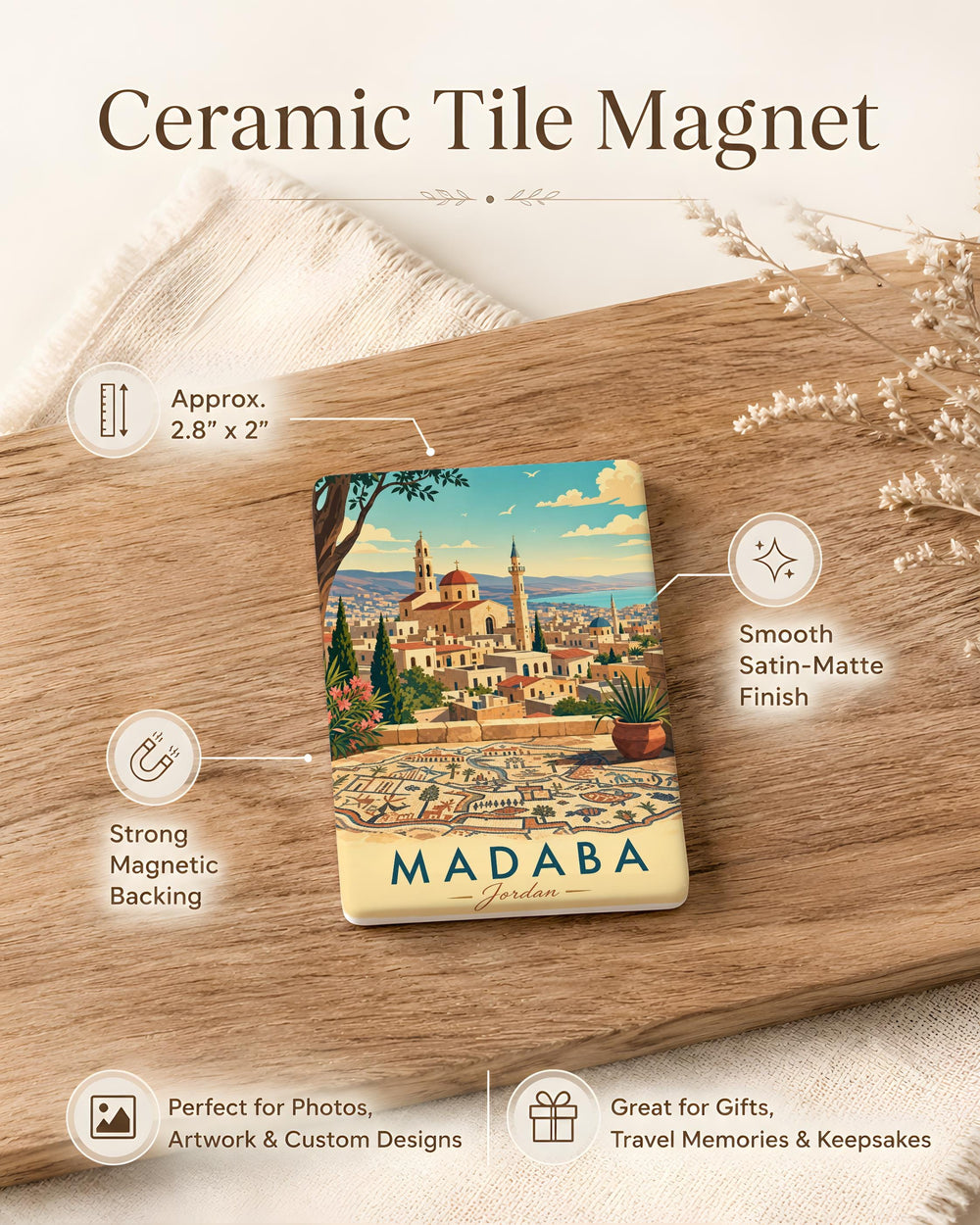 Madaba Jordan Fridge Magnet, Madaba City Souvenir Magnet, Jordan Travel Gift, Holy Land Landmark Magnet, Middle East Keepsake