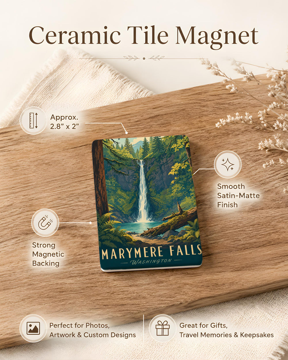 Marymere Falls Fridge Magnet, Olympic National Park Waterfall Souvenir, Washington Nature Travel Keepsake Magnet