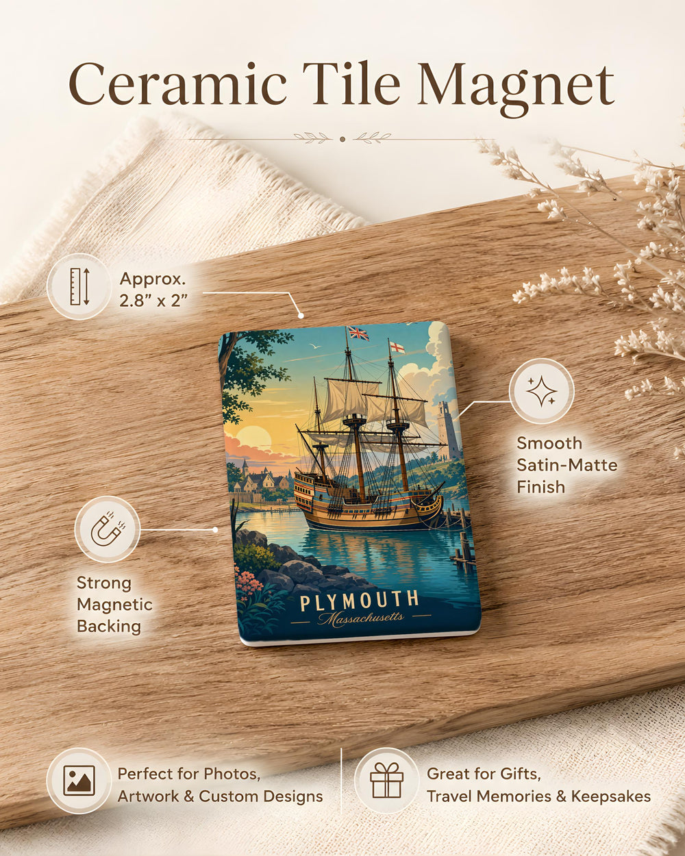 Mayflower II Ship Fridge Magnet, Historic Pilgrim Vessel Souvenir Magnet, Plymouth Massachusetts Mayflower Replica Magnet