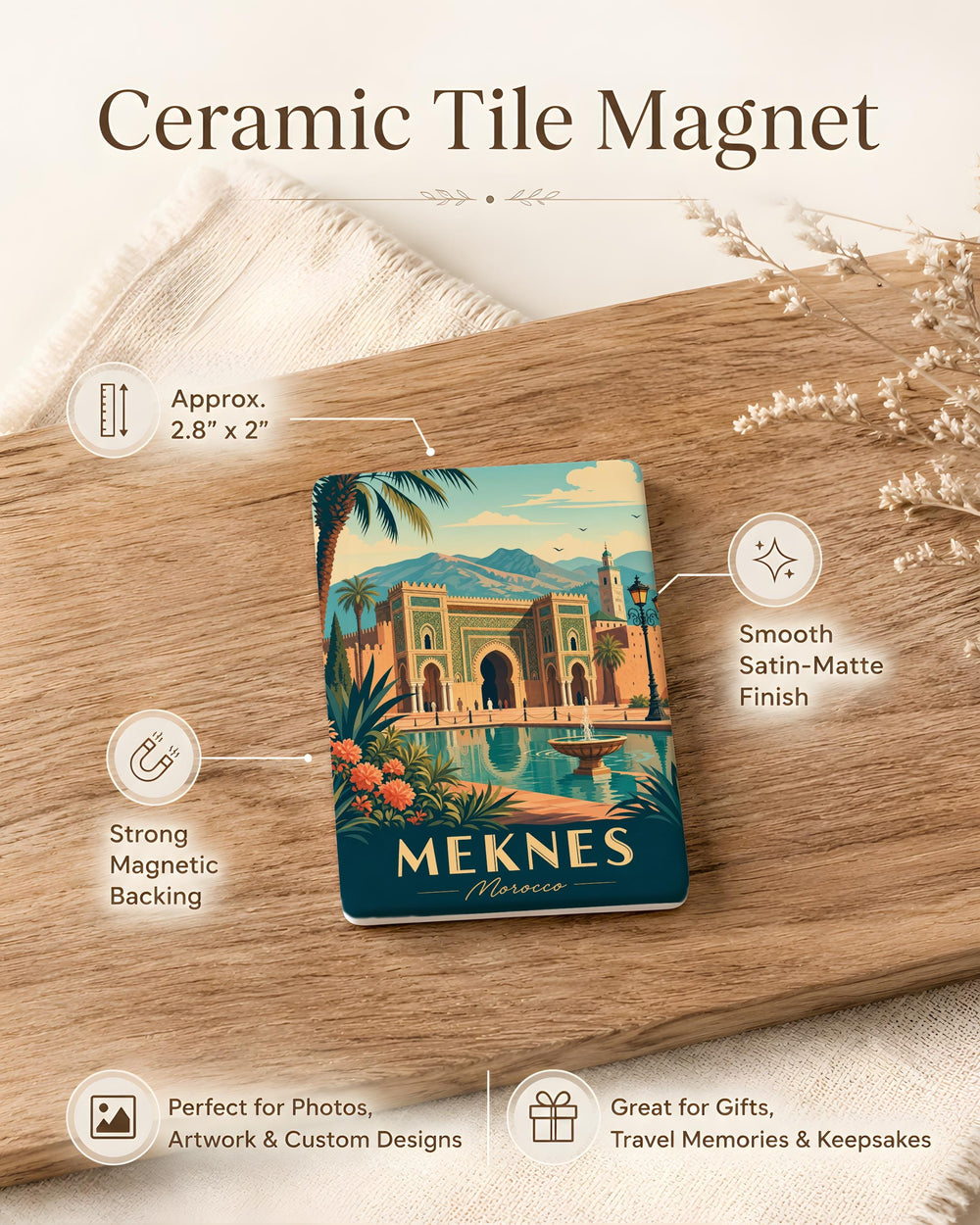 Meknes Morocco Fridge Magnet, Meknes City Souvenir Magnet, Morocco Travel Gift, Meknes Landmark Keepsake Magnet