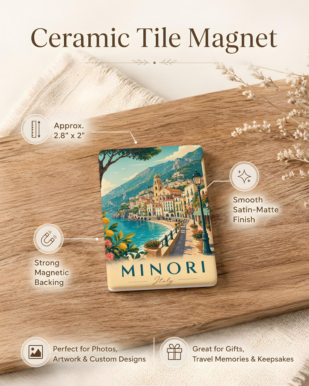 Minori Italy Fridge Magnet, Amalfi Coast Travel Souvenir, Minori Town Landmark Keepsake, Italian Vacation Refrigerator Magnet
