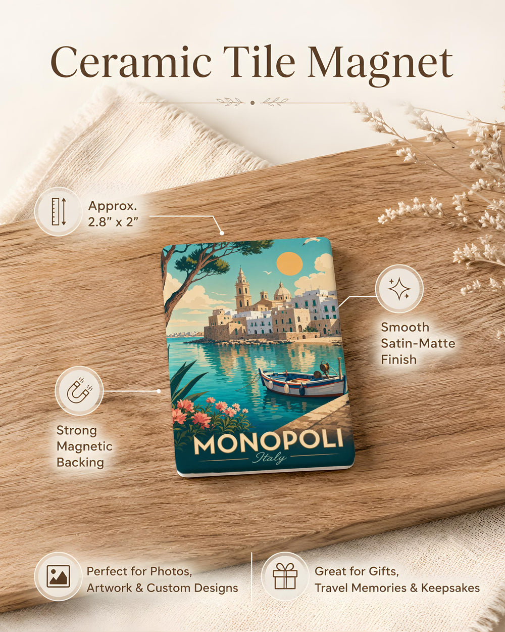 Monopoli Italy Fridge Magnet, Apulia Coastal Town Souvenir, Italian Travel Keepsake, Puglia Landmark Magnet