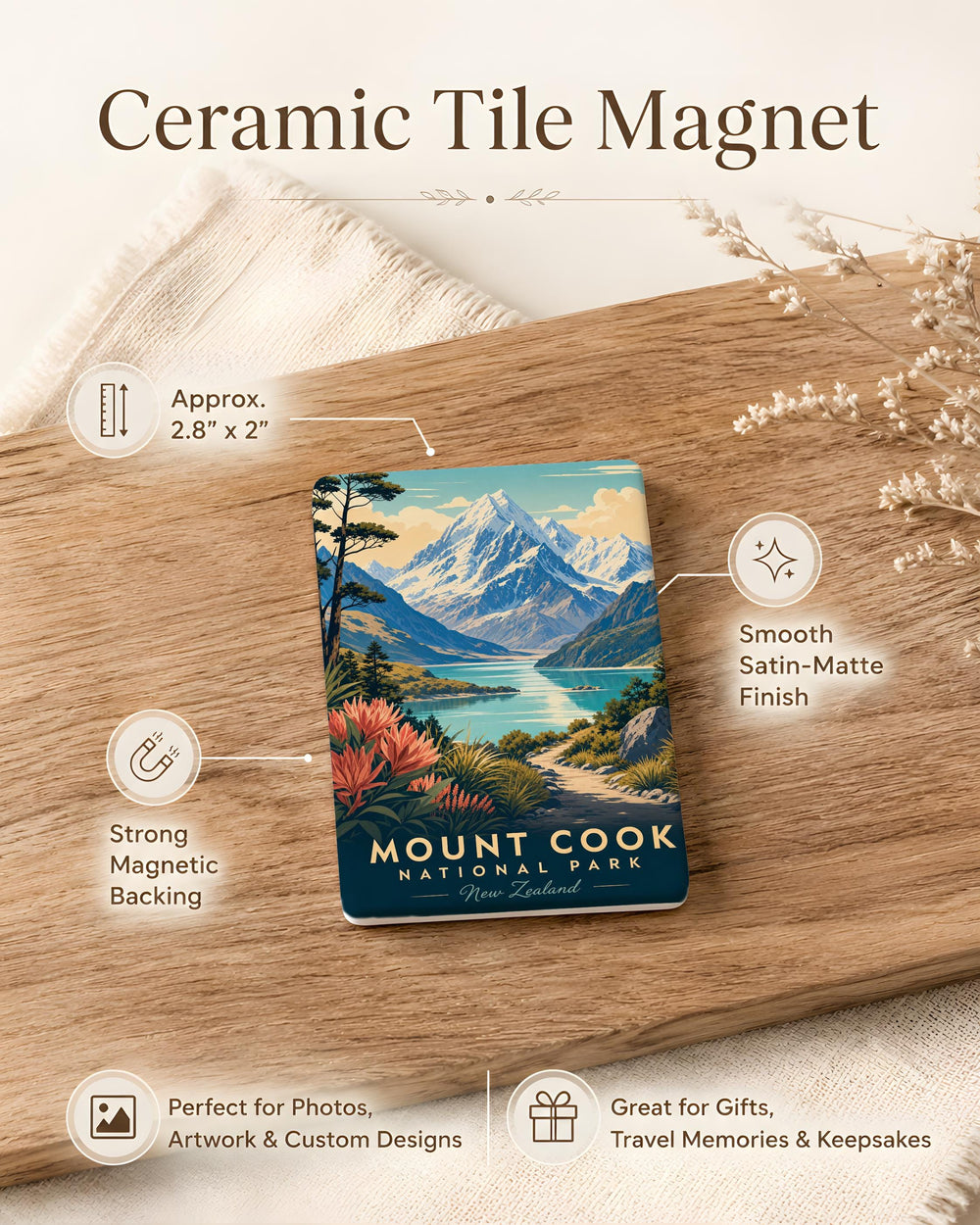 Mount Cook National Park Fridge Magnet, Aoraki Mount Cook New Zealand Mountain Landscape Souvenir Magnet, Travel Gift
