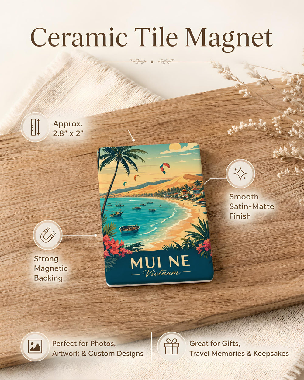 Mui Ne Vietnam Fridge Magnet, Coastal Beach Town Souvenir, Sand Dunes Kitesurfing Travel Keepsake Magnet