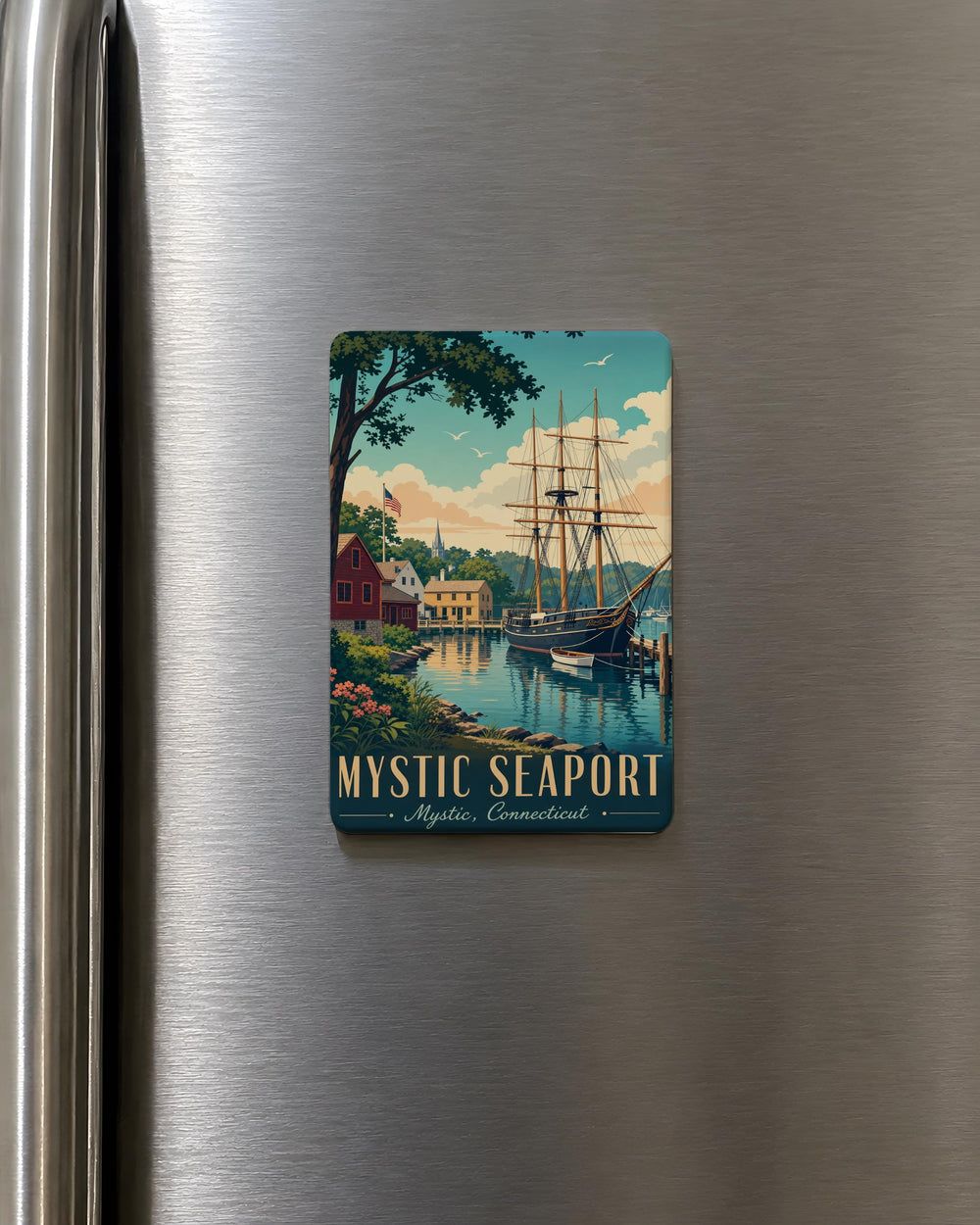 Mystic Seaport Fridge Magnet, Historic Coastal Harbor Scene, Sailing Ships, Lighthouse, New England Maritime Souvenir Gift