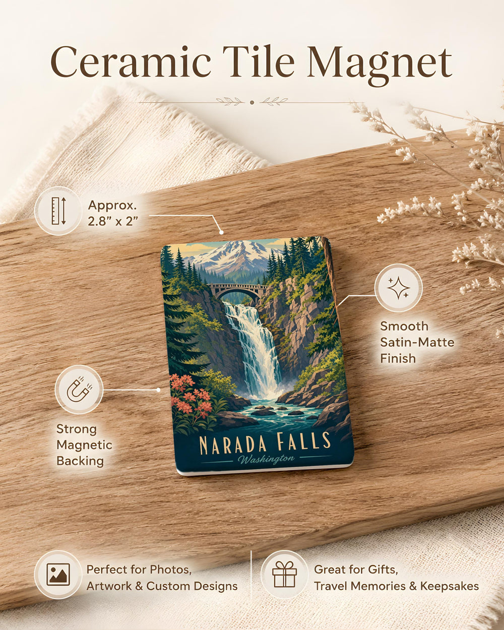 Narada Falls Fridge Magnet, Mount Rainier Waterfall Souvenir Magnet, Washington State Nature Travel Keepsake