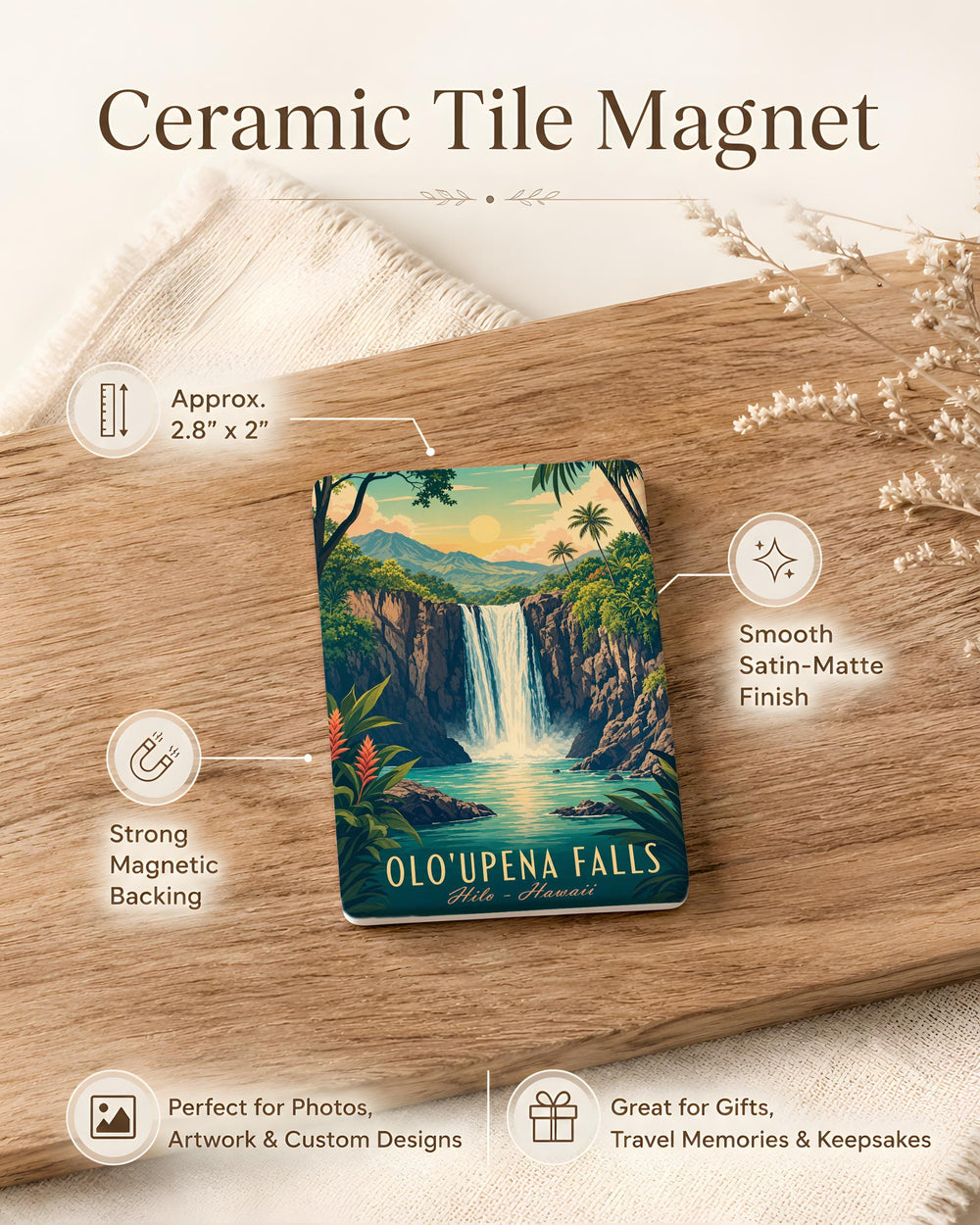 Oloupena Falls Fridge Magnet, Hawaii Waterfall Souvenir Magnet, Molokai Landmark Travel Keepsake Magnet