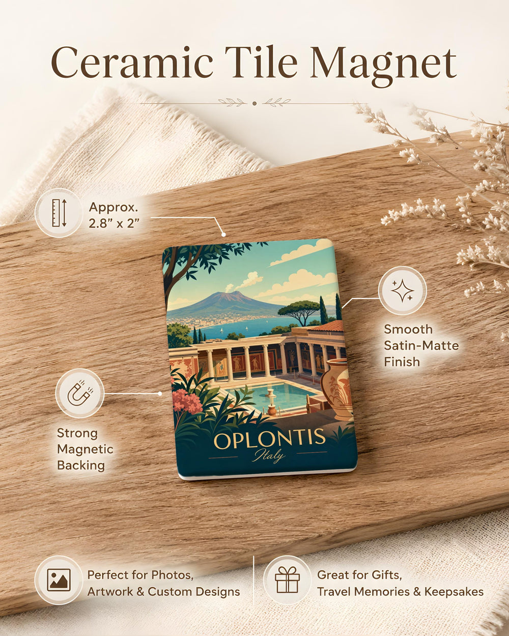 Oplontis Fridge Magnet, Ancient Roman Villa Ruins Souvenir Magnet, Pompeii Area Italy Travel Keepsake Magnet