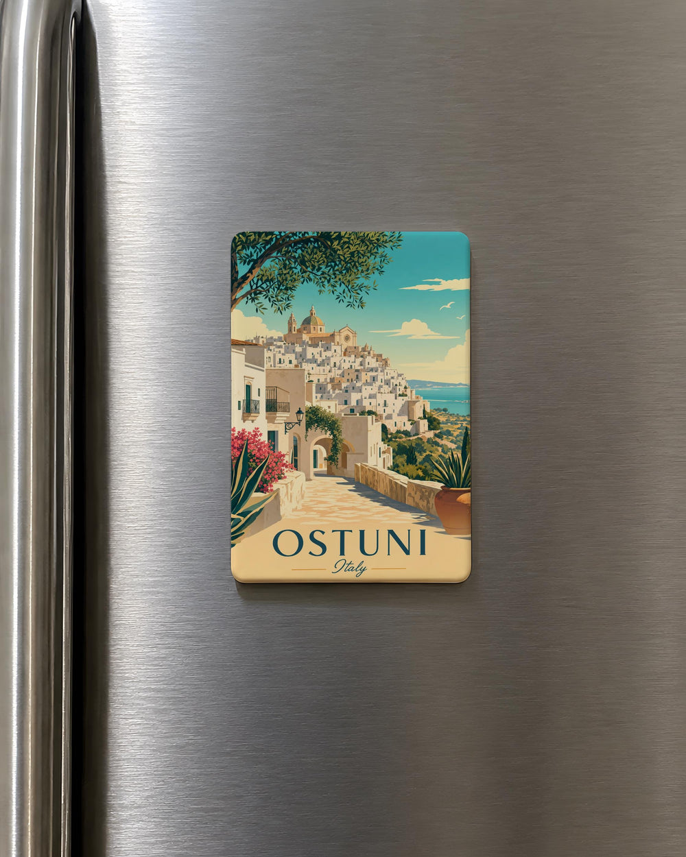 Ostuni Italy Fridge Magnet, Ostuni Puglia Souvenir Magnet, White City Ostuni Travel Keepsake, Italy Vacation Refrigerator Magnet