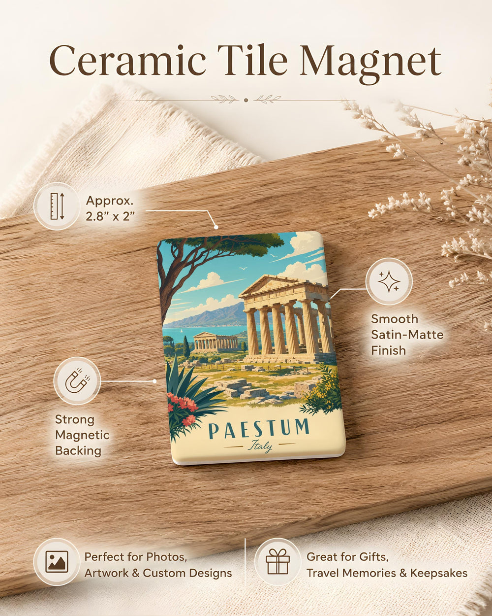 Paestum Temples Fridge Magnet, Ancient Greek Temple Ruins Souvenir, Italy Archaeological Site Travel Gift