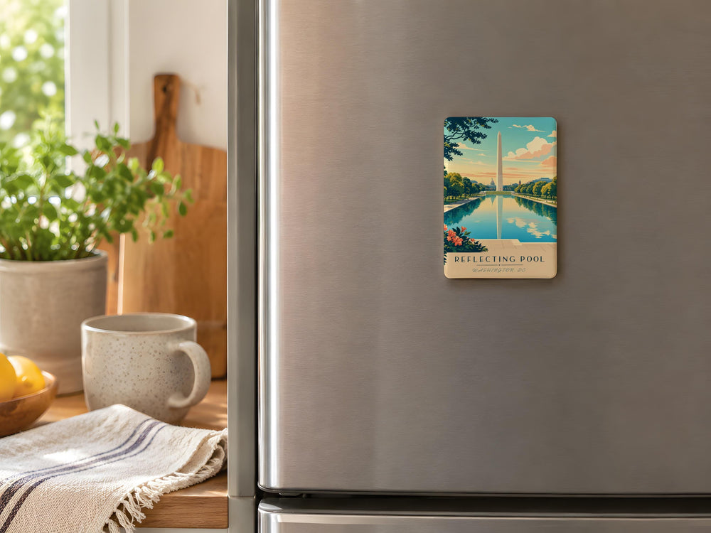 Reflecting Pool Fridge Magnet, Peaceful Water Reflection Landmark Souvenir Magnet, Scenic Pool Travel Keepsake Magnet