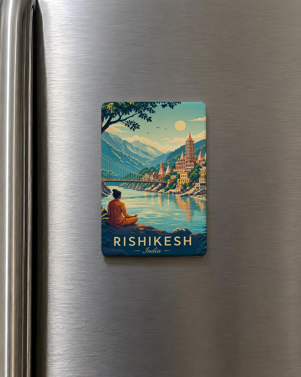 Rishikesh India Fridge Magnet, Ganges River & Laxman Jhula Landmark Souvenir Magnet, Uttarakhand Travel Keepsake
