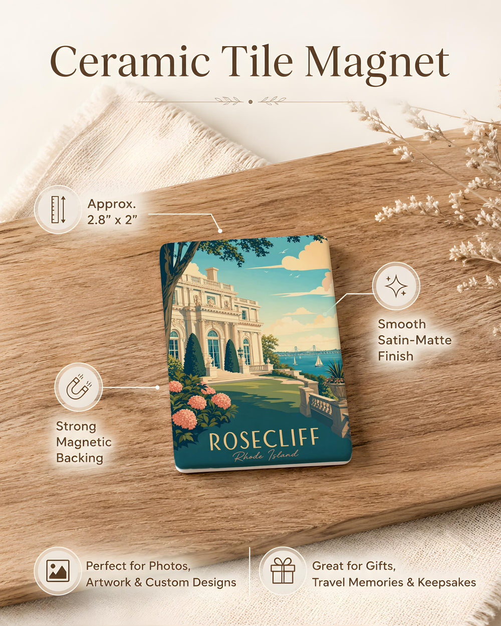 Rosecliff Fridge Magnet, Rosecliff Coastal Cliffside Scene Magnet, Seaside Cliffs Ocean View Kitchen Magnet