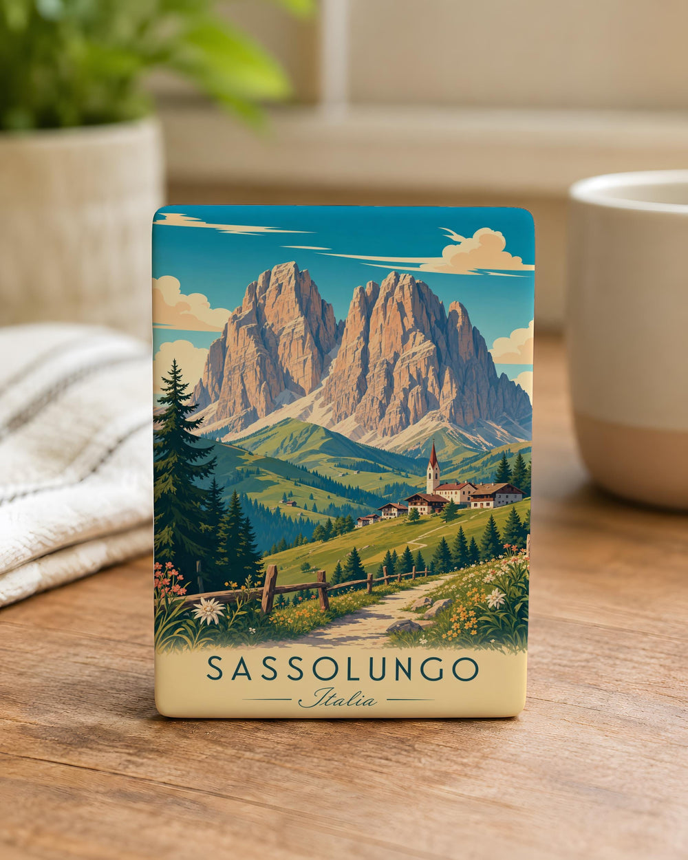 Sassolungo Fridge Magnet, Dolomites Italy Mountain Souvenir, Alpine Peak Travel Gift, South Tyrol Landmark Magnet