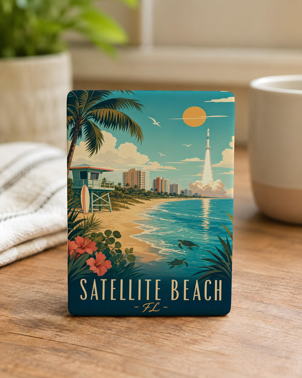 Satellite Beach Florida Fridge Magnet, Satellite Beach FL Souvenir Magnet, Coastal Beach Town Travel Gift, Space Coast Keepsake
