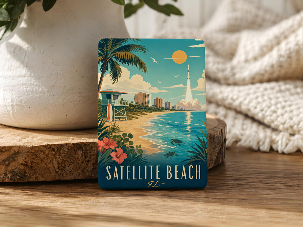 Satellite Beach Florida Fridge Magnet, Satellite Beach FL Souvenir Magnet, Coastal Beach Town Travel Gift, Space Coast Keepsake