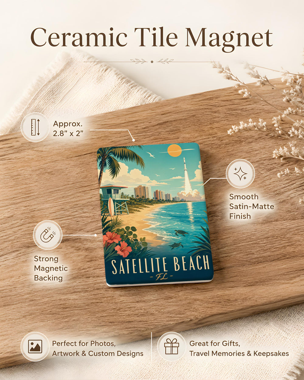 Satellite Beach Florida Fridge Magnet, Satellite Beach FL Souvenir Magnet, Coastal Beach Town Travel Gift, Space Coast Keepsake