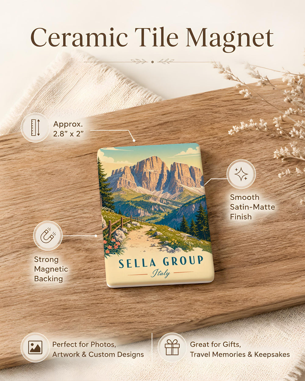 Sella Group Mountain Peaks Fridge Magnet, Dolomites Italy Alpine Landscape Souvenir Magnet, Hiking Climbing Travel Gift