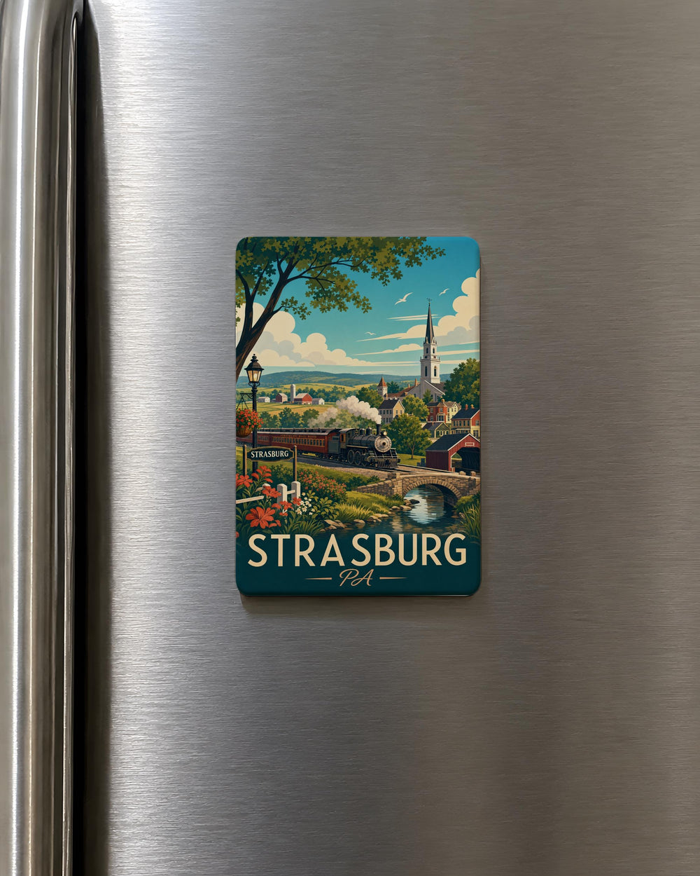 Strasburg PA Fridge Magnet, Strasburg Pennsylvania Souvenir Magnet, Lancaster County Travel Gift, Railroad Town Keepsake Magnet