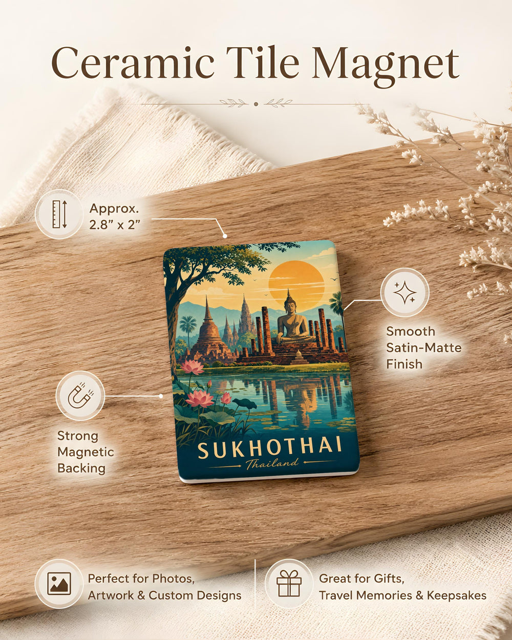 Sukhothai Thailand Fridge Magnet, Sukhothai Historical Park Souvenir Magnet, Thailand Travel Gift, Temple Landmark Magnet