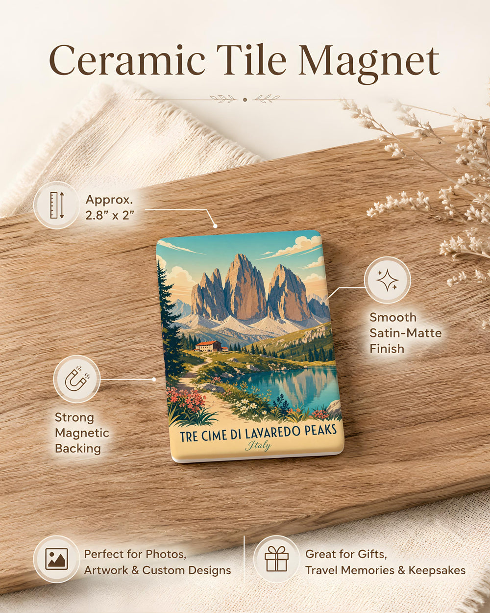 Tre Cime di Lavaredo Peaks Fridge Magnet, Dolomites Italy Mountain Landmark Souvenir Magnet, Alpine Travel Gift