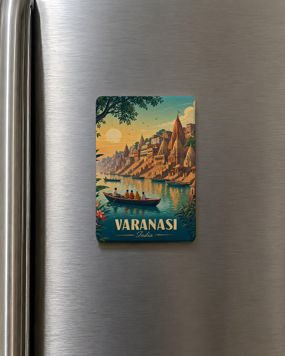 Varanasi India Fridge Magnet, Ganges River Ghats, Sacred Temples, Boat Ride Scene, Travel Souvenir Magnet