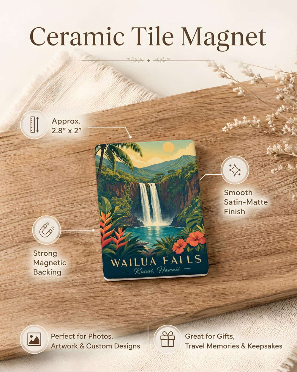 Wailua Falls Fridge Magnet, Kauai Hawaii Waterfall Souvenir, Tropical Island Travel Keepsake Gift
