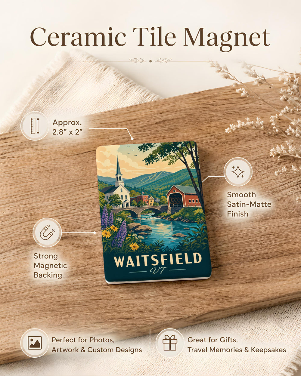 Waitsfield VT Fridge Magnet, Waitsfield Vermont Souvenir Magnet, Mad River Valley Travel Gift, Vermont Town Keepsake Magnet