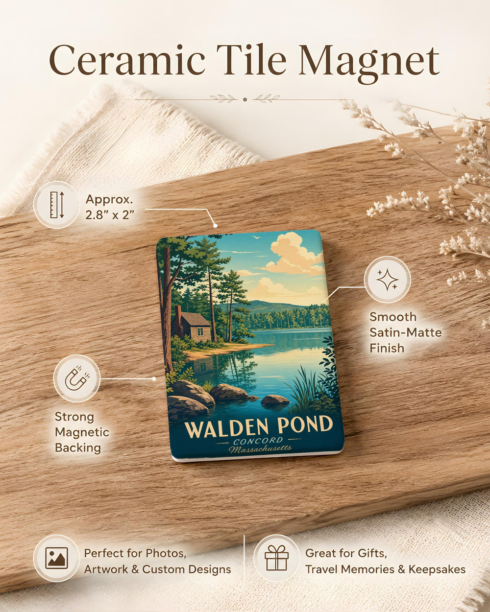 Walden Pond Fridge Magnet, Thoreau Cabin & Lakeside Nature Souvenir Magnet, Concord Massachusetts Pond Keepsake Magnet