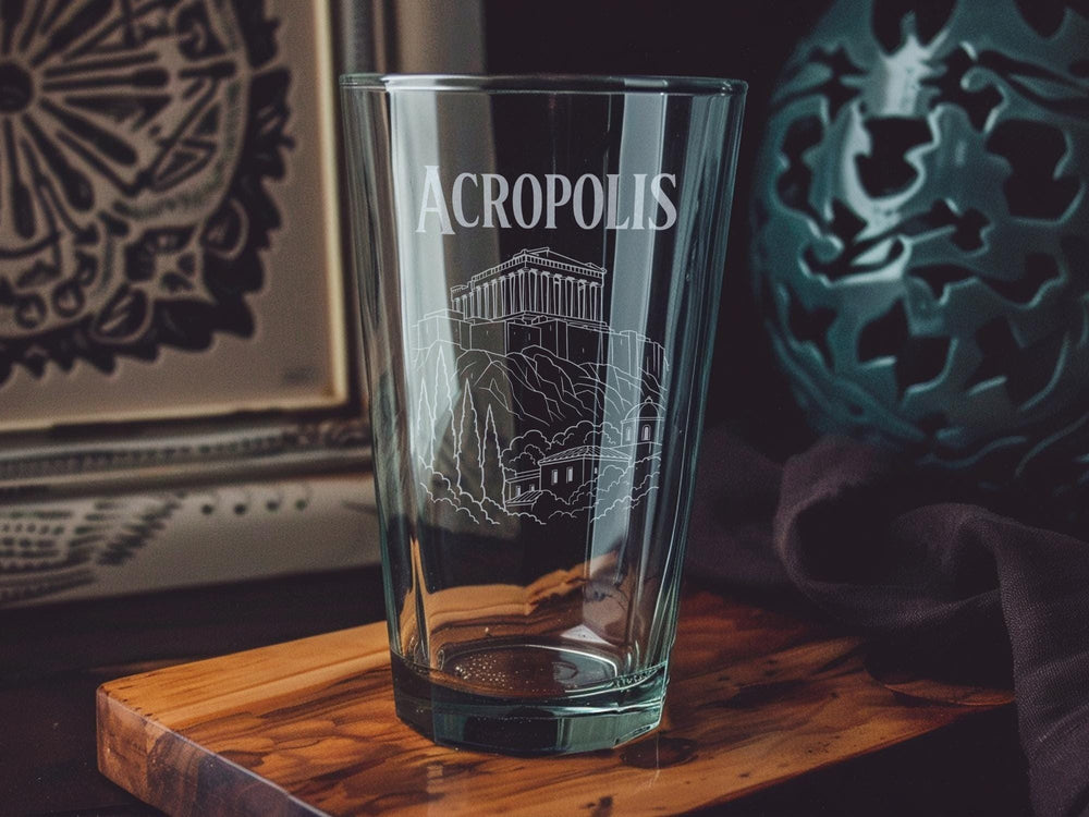 Acropolis Pint Glass, Athens Greece Landmark Souvenir Beer Glass, Parthenon Temple Travel Gift, Greek History Bar Glass