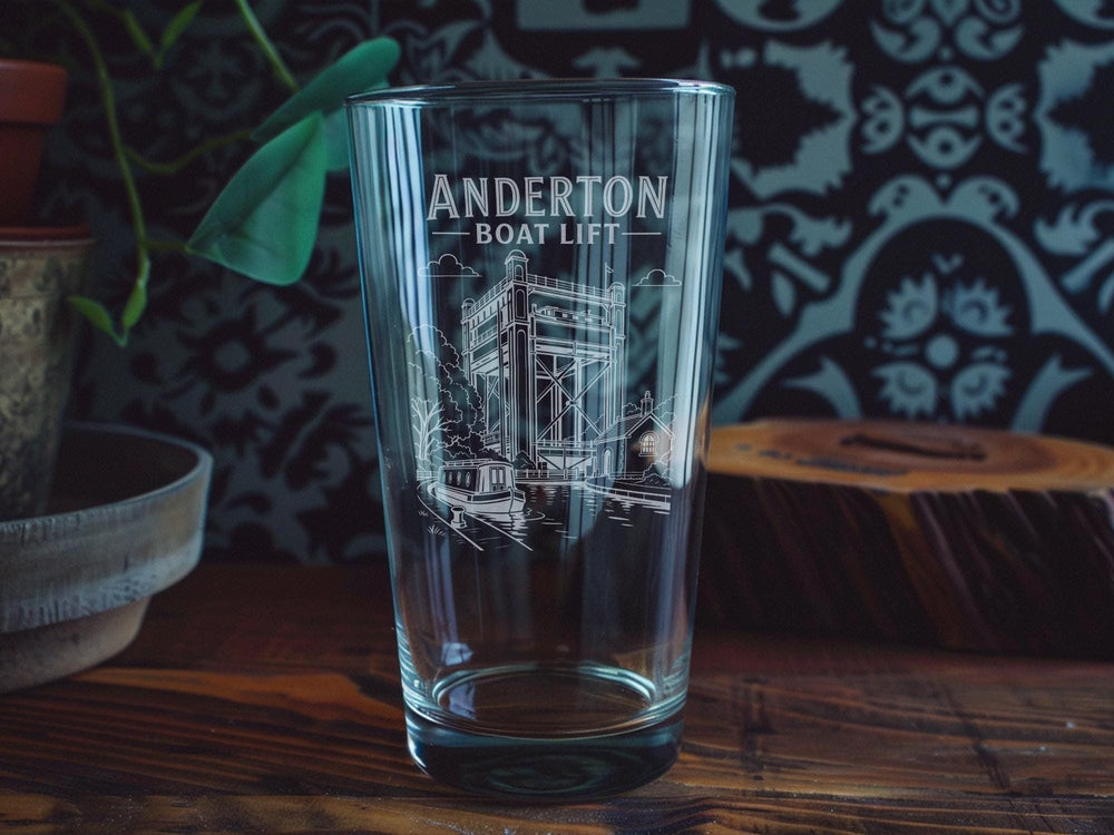 Anderton Boat Lift Pint Glass, Cheshire England Canal Landmark Drinkware, Industrial Waterway Lift Souvenir Glass