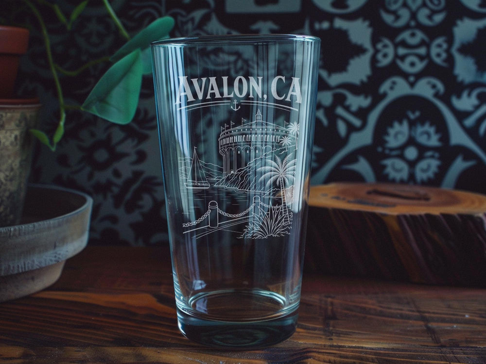 Avalon CA Pint Glass, Catalina Island Souvenir Beer Glass, California Coastal Travel Gift, Avalon Harbor Theme Drinkware