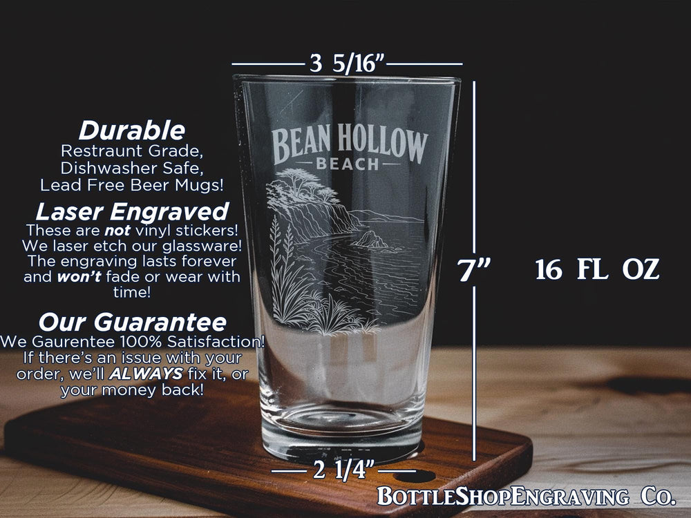 Bean Hollow Beach Pint Glass, California Coastal Beach Scene Drinking Glass, Pacific Ocean Shoreline Souvenir Gift