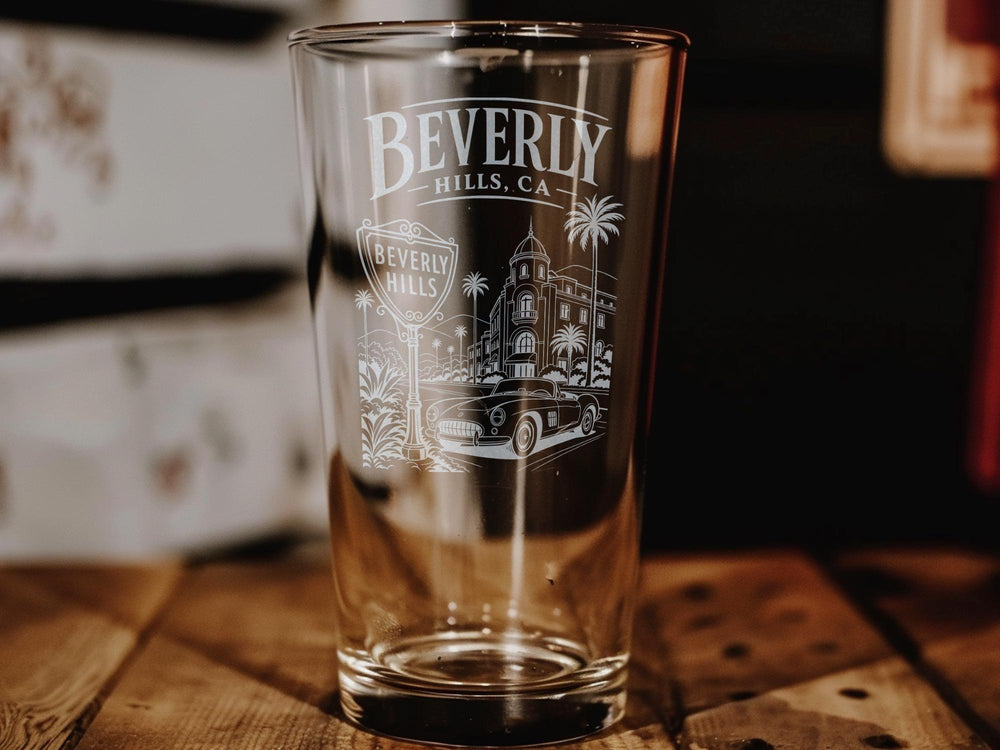 Beverly Hills CA Pint Glass, Beverly Hills California Souvenir Beer Glass, Los Angeles Travel Gift Barware