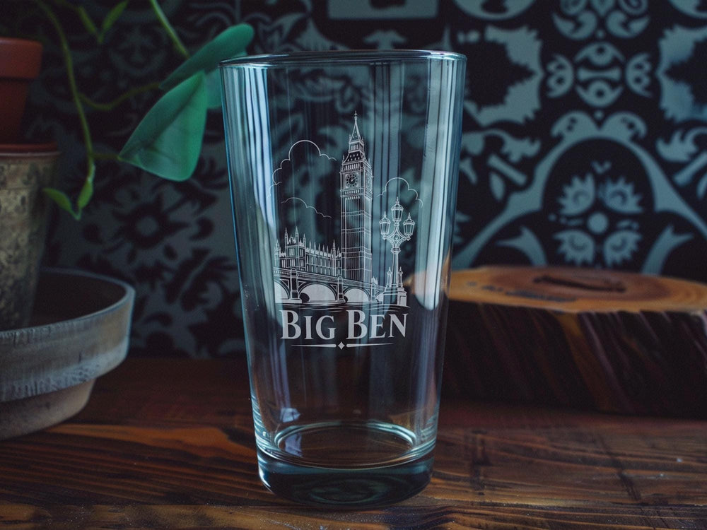 Big Ben London Pint Glass, UK Landmark Clock Tower Drinkware, Westminster Souvenir Beer Glass Gift