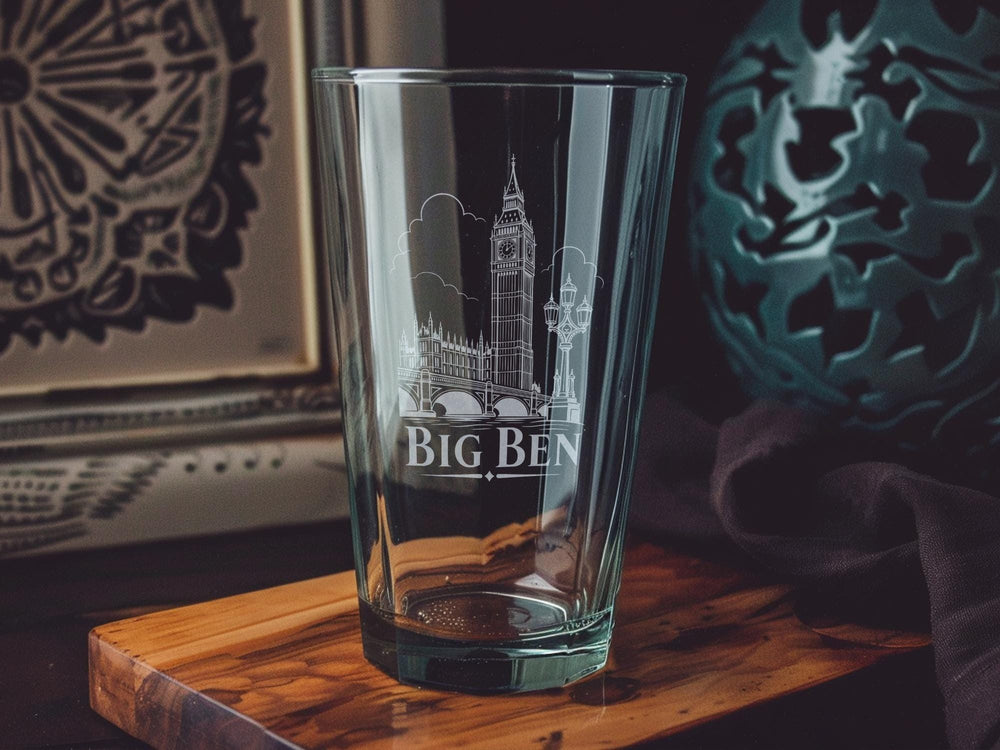 Big Ben London Pint Glass, UK Landmark Clock Tower Drinkware, Westminster Souvenir Beer Glass Gift