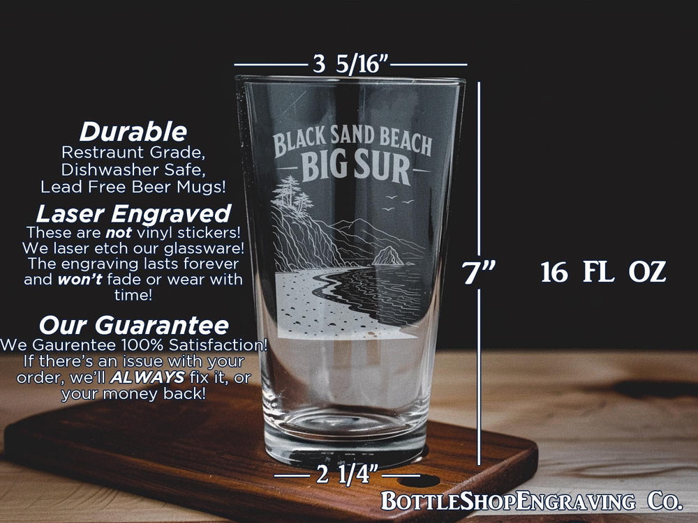 Black Sand Beach Big Sur Pint Glass, California Coast Scenic Souvenir Beer Glass, Big Sur Travel Gift, Coastal Landmark Glassware