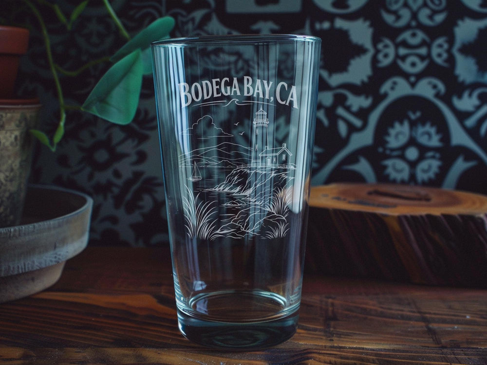 Bodega Bay CA Pint Glass, California Coastal Town Souvenir Beer Glass, Sonoma County Beach Vacation Drinkware Gift