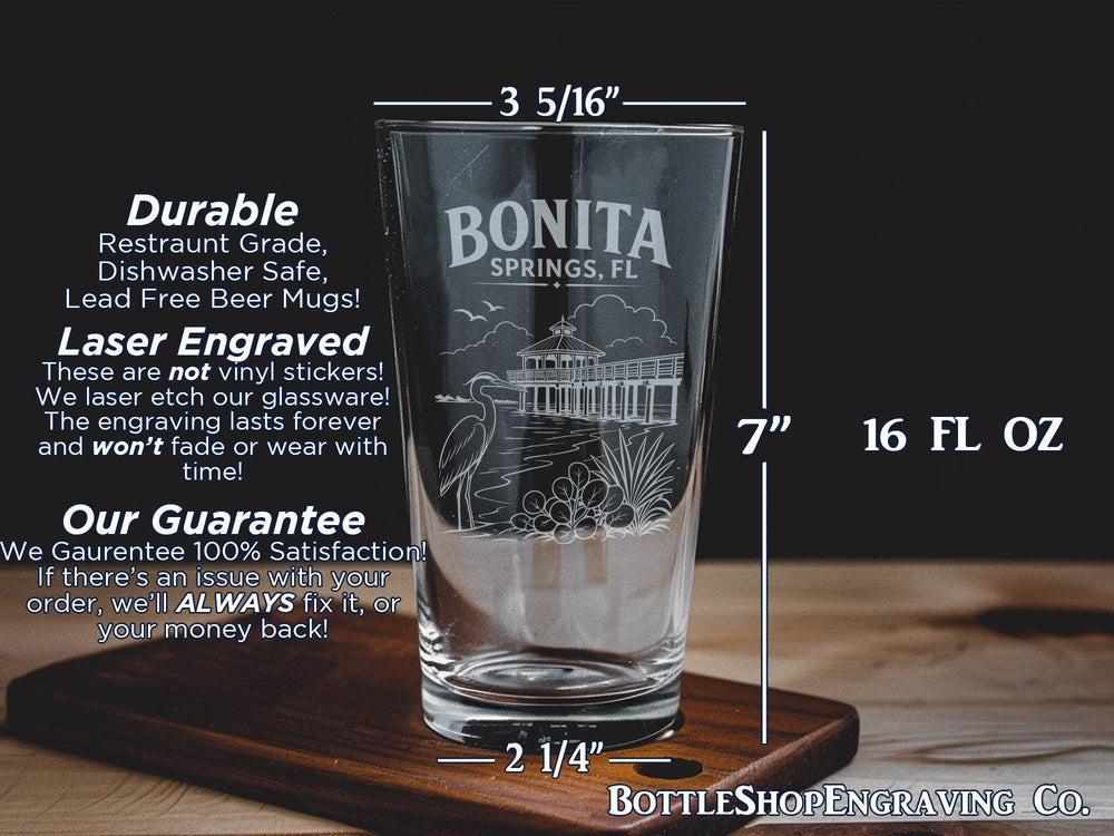 Bonita Springs Florida Pint Glass, Bonita Springs FL Souvenir Beer Glass, Southwest Florida Vacation Travel Gift