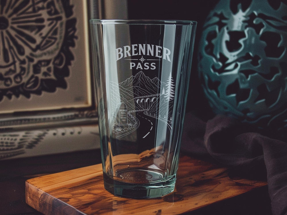 Brenner Pass Pint Glass, Alpine Mountain Pass Souvenir Beer Glass, Austria Italy Border Travel Gift, Tyrol Landmark Drinkware