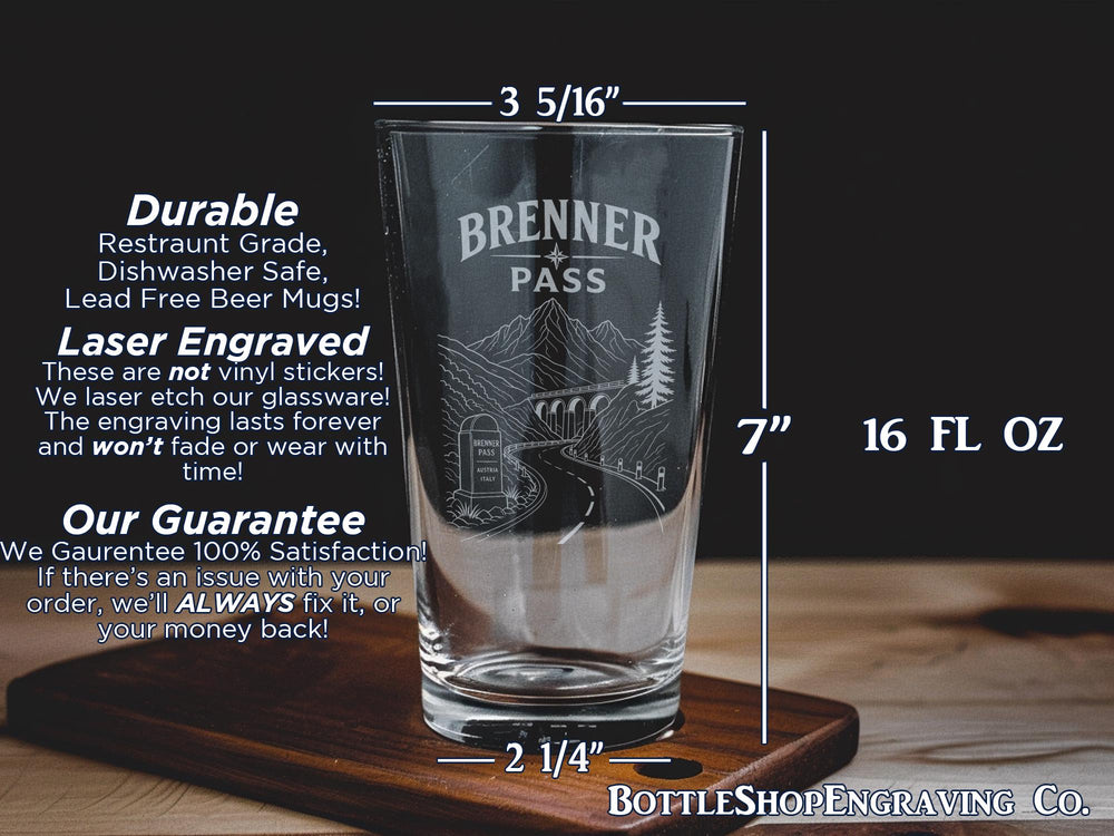 Brenner Pass Pint Glass, Alpine Mountain Pass Souvenir Beer Glass, Austria Italy Border Travel Gift, Tyrol Landmark Drinkware